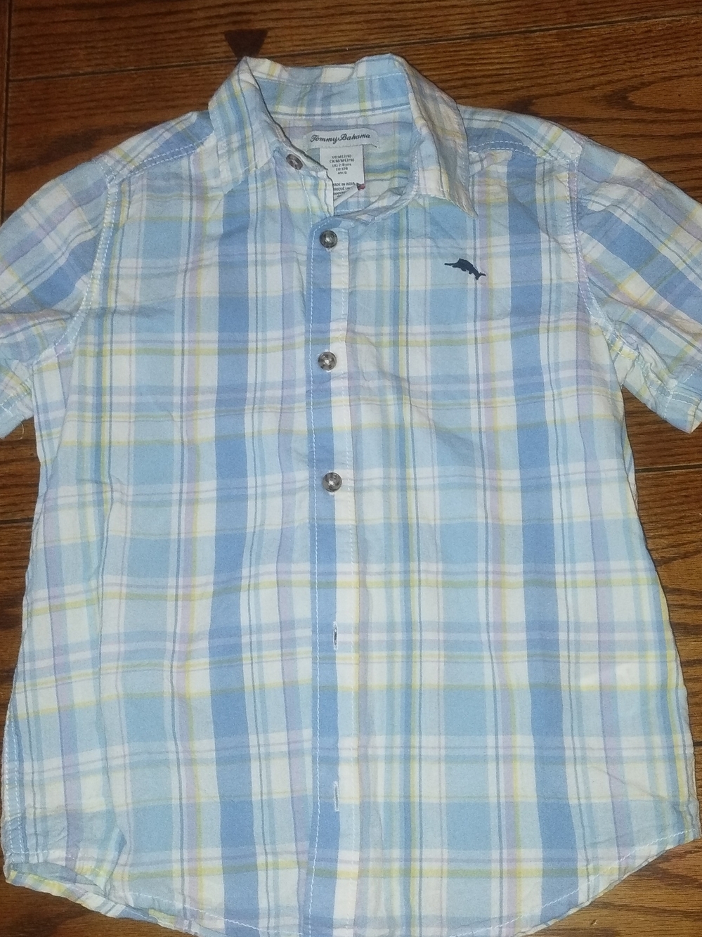 Tommy Bahama Boys 7/8 Blue, White & Yellow Plaid Short-Sleeve Button-Down Shirt